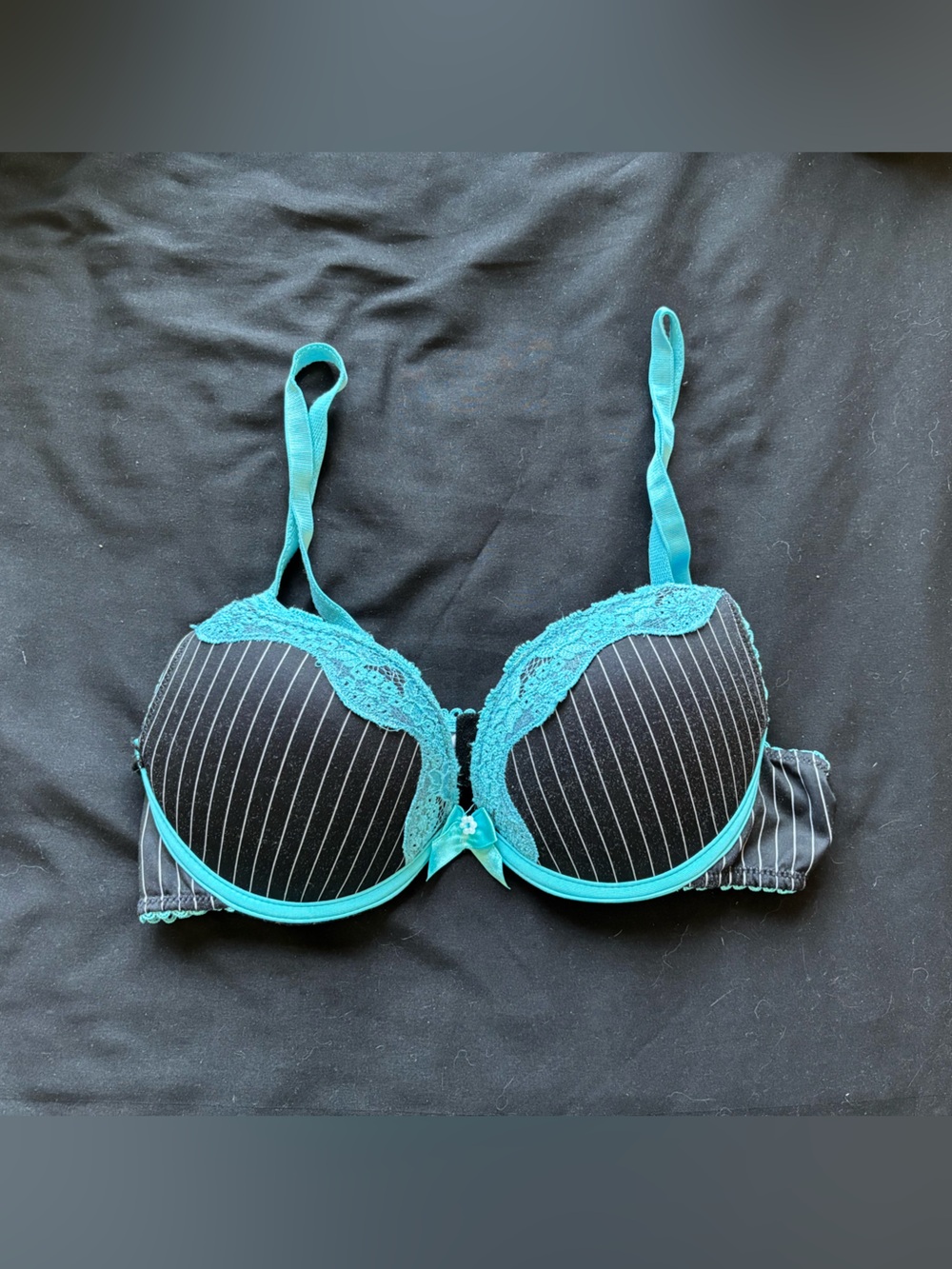 Native Black Pinstripe Bra with Teal Lace Trim